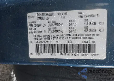 2003 Dodge Ram 2500 St из США, поврежденный, VIN 3D7KU28623G702683